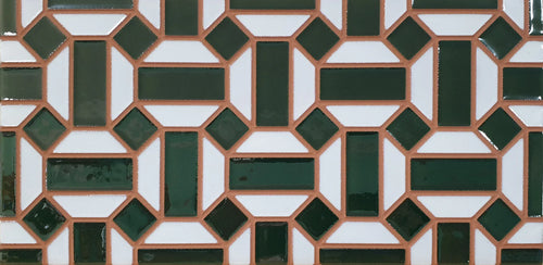 Geometric tile pattern with green and brown tiles on a white background